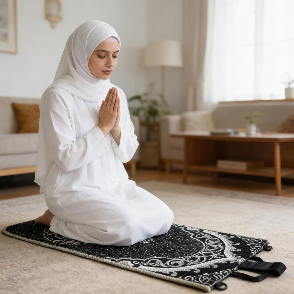 Portable Prayer Mat, Foldable Prayer Rug with Back Support, 36x78cm Islamic Prayer Mat, Includes Kufi Hat & 99 Beads