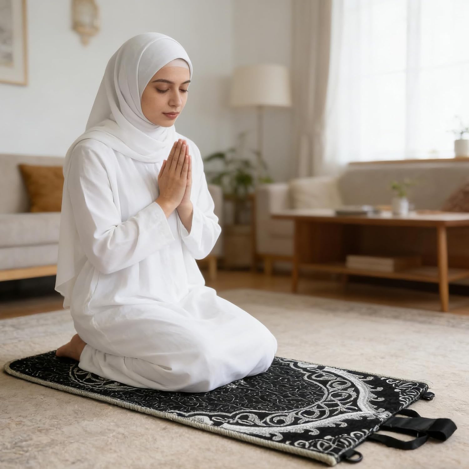 Portable Prayer Mat, Foldable Prayer Rug with Back Support, 36x78cm Islamic Prayer Mat, Includes Kufi Hat & 99 Beads
