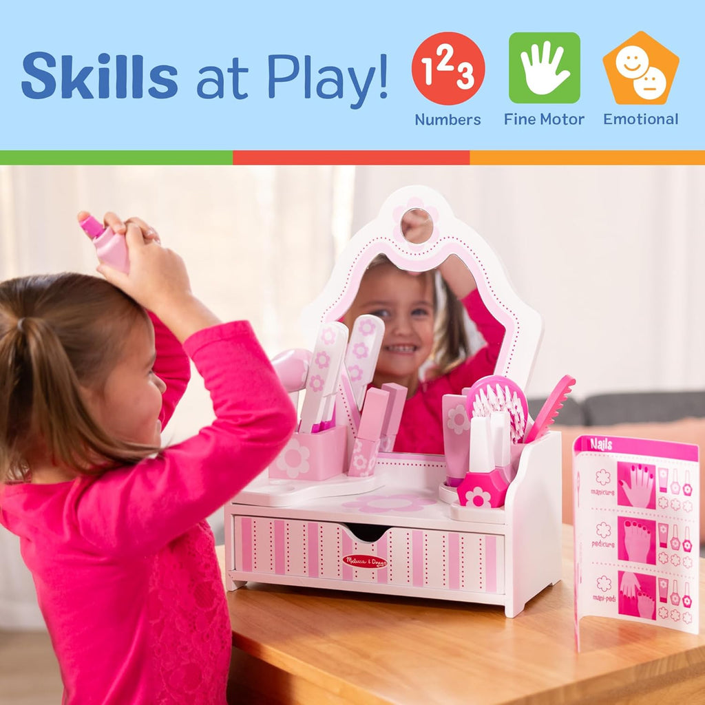 Melissa & Doug Wooden Beauty Salon Play Set, 18-Piece Vanity with Pretend Play Toys, Makeup, Mirror, Accessories &