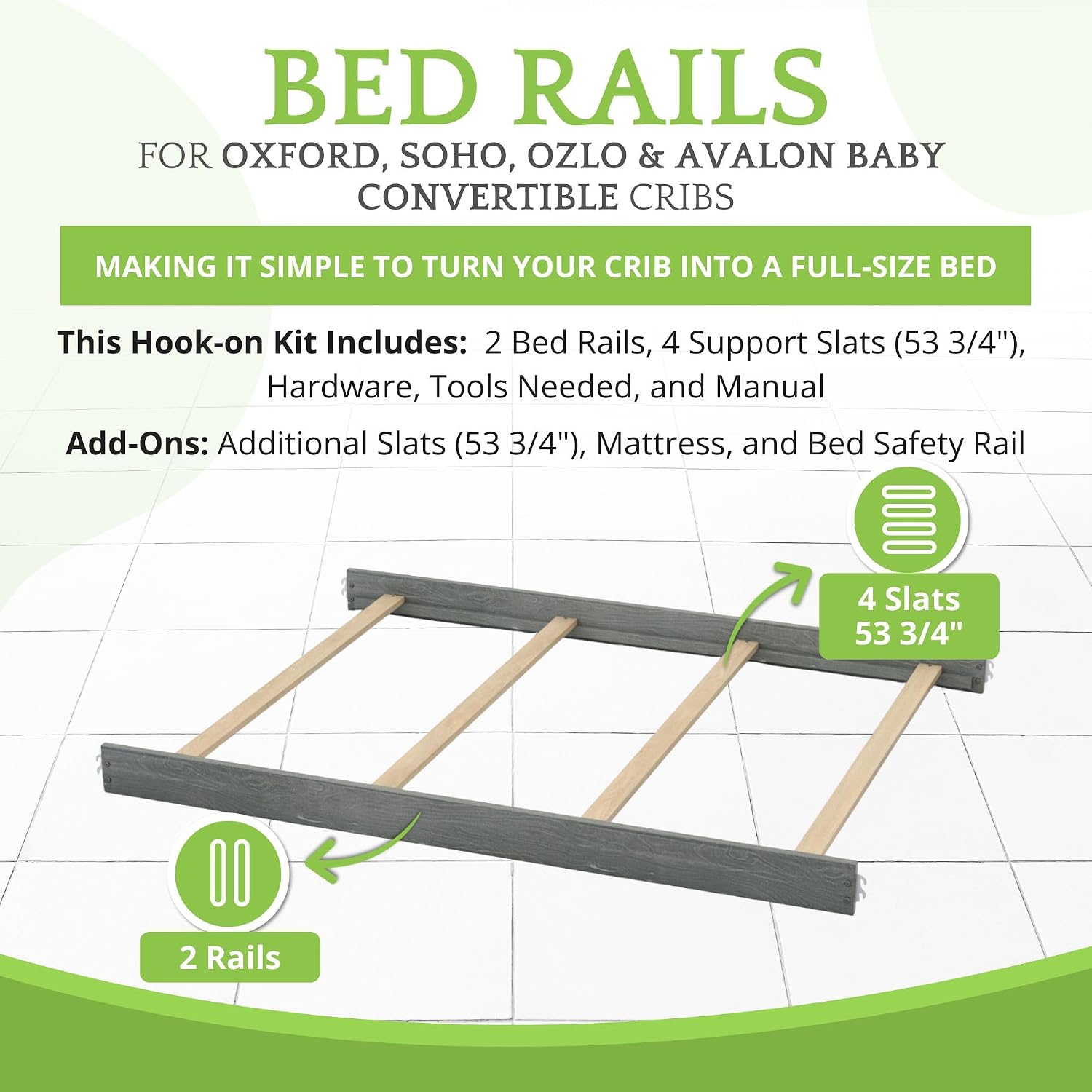 Full-Size Conversion Kit Bed Rails for Oxford, Soho, Ozlo & Avalon Baby Convertible Cribs - Solid Wood - Toddler &