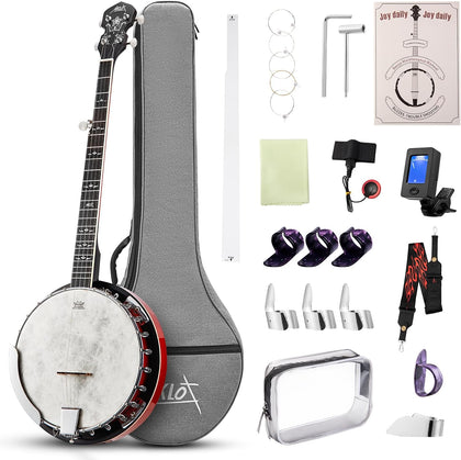 5-String Banjo Deluxe Set: 38-Inch Full-Size Banjo With Remo Head and Detachable Resonator, Open-Back or Closed-Back