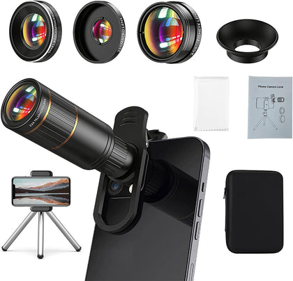 Phone Camera Lens Kit Upgraded Version — Includes 22X Telephoto Lens, 205° Fisheye Lens, 0.67X Wide Angle Lens, 25X