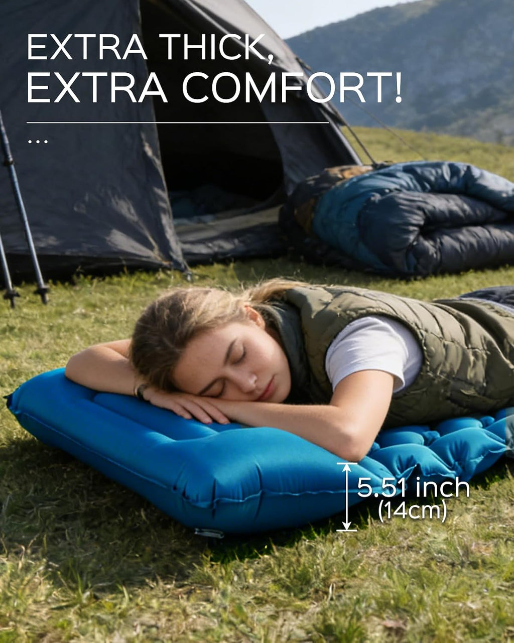 Sleeping Pad, 3.9" Thick Inflatable Mattress with Pillow & Pump | Built-in Pump, Quick Inflate, 40D Nylon, Button