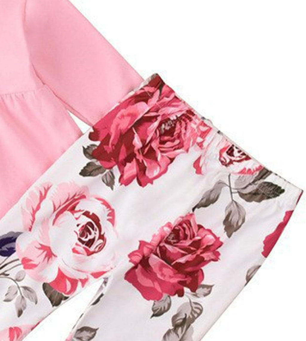 Baby Girl Pink Ruffle Tunic Top and Floral Bell Bottom Pants Set with