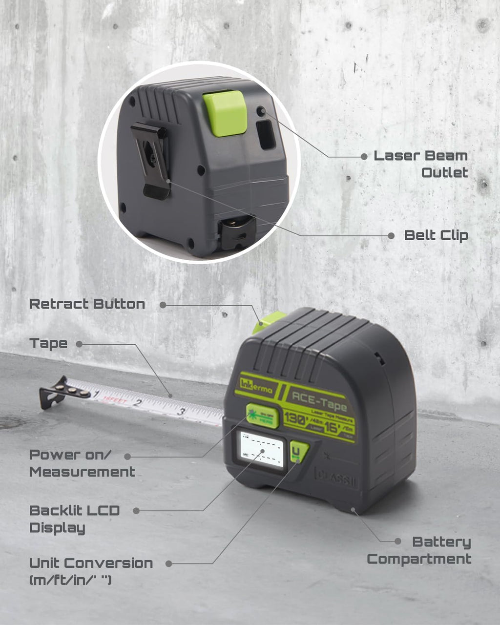 Laser Tape Measure 2-in-1, Inkerma 130Ft Laser Measurement Tool & 16Ft Measuring Tape, Digital Laser Tape Measure