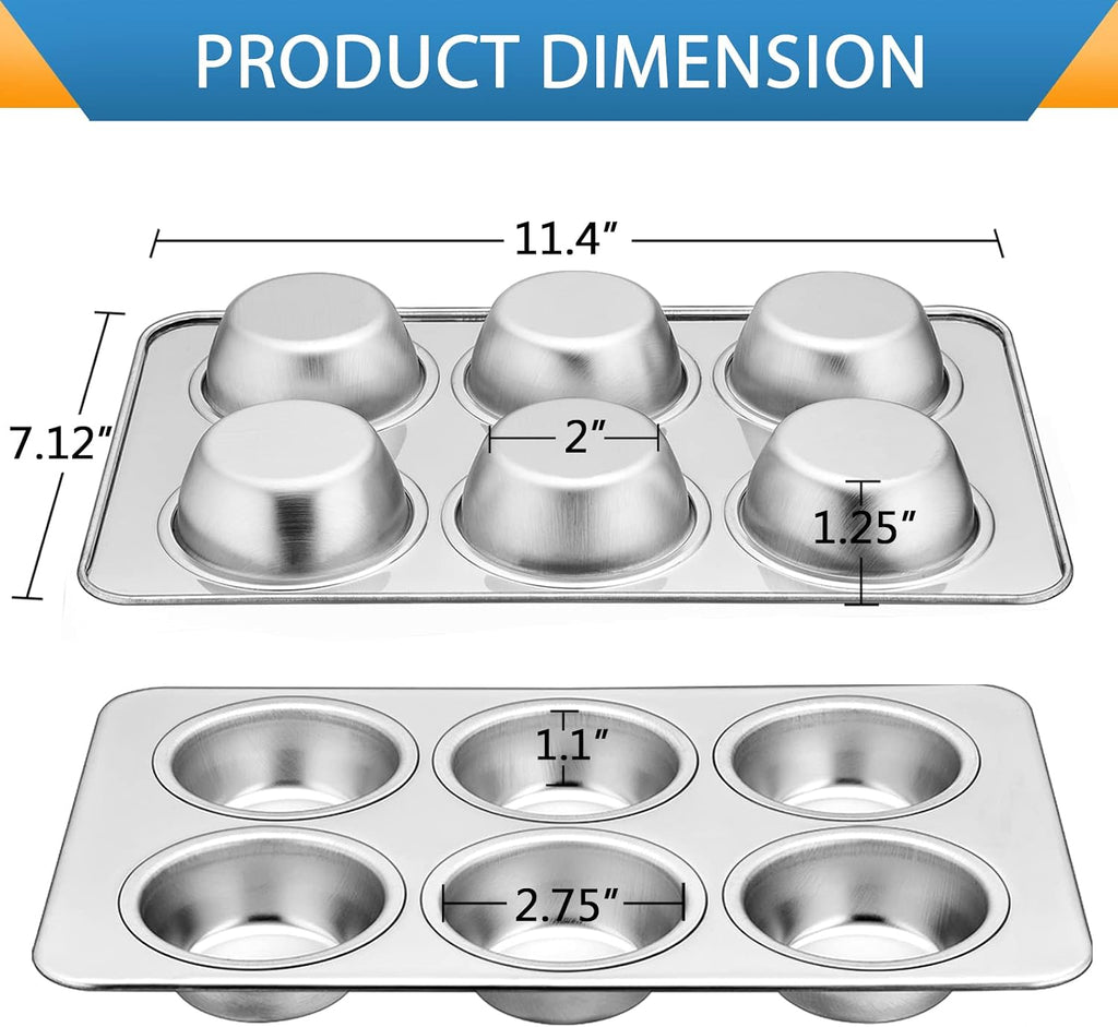 Stainless Steel Muffin Pan Set of 2, 6-Cup Cupcake Tin for Baking