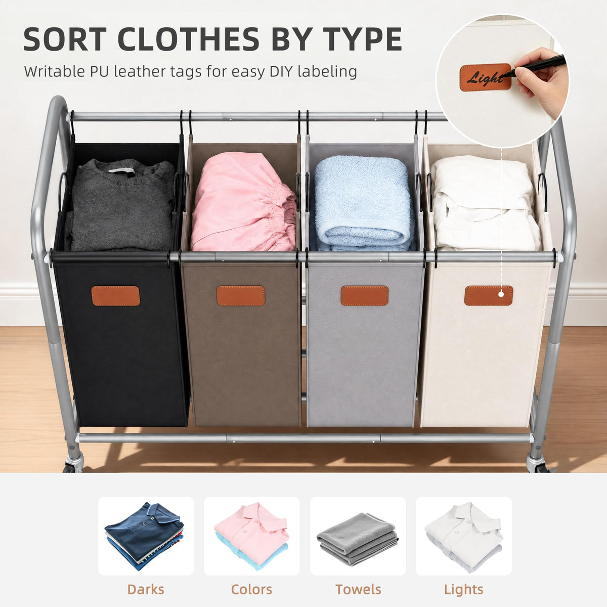 Laundry Sorter 4 Section, 47.5 Gal Laundry Cart with Wheels