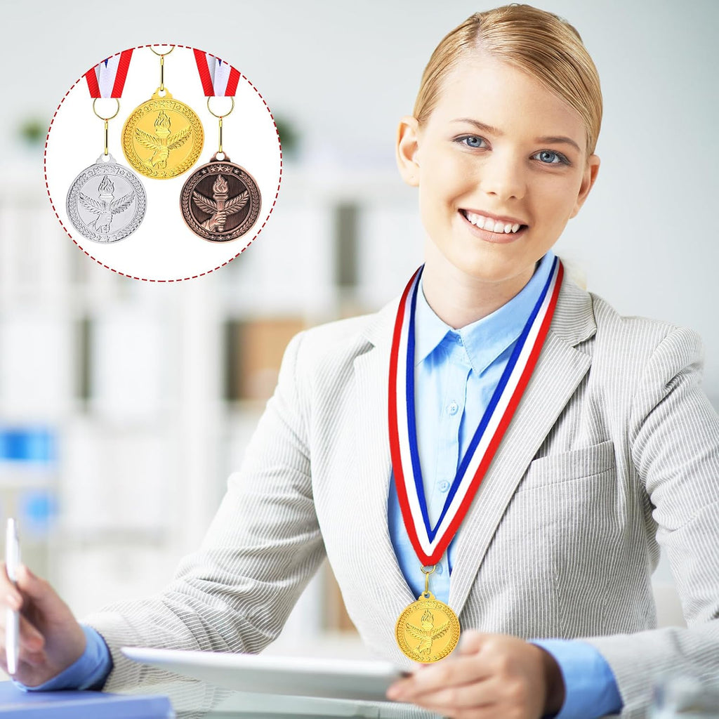 Gold Silver Bronze Medals Bulk, 2" Torch Award Medals | Winner Awards with Neck Ribbon, Metal Gold Silver Bronze