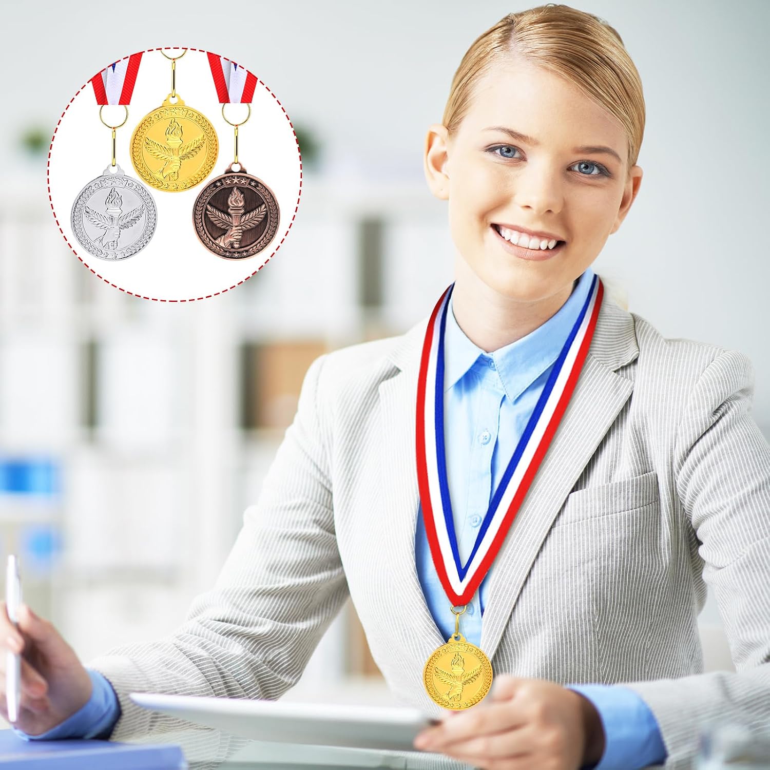 Gold Silver Bronze Medals Bulk, 2" Torch Award Medals | Winner Awards with Neck Ribbon, Metal Gold Silver Bronze