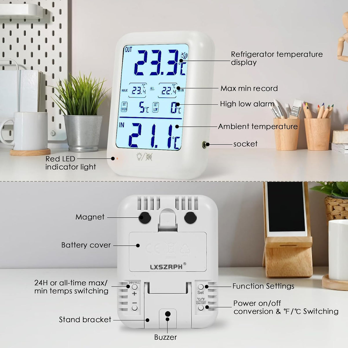 Digital Fridge Freezer Thermometer with Alarm, Backlight & Magnet(1)