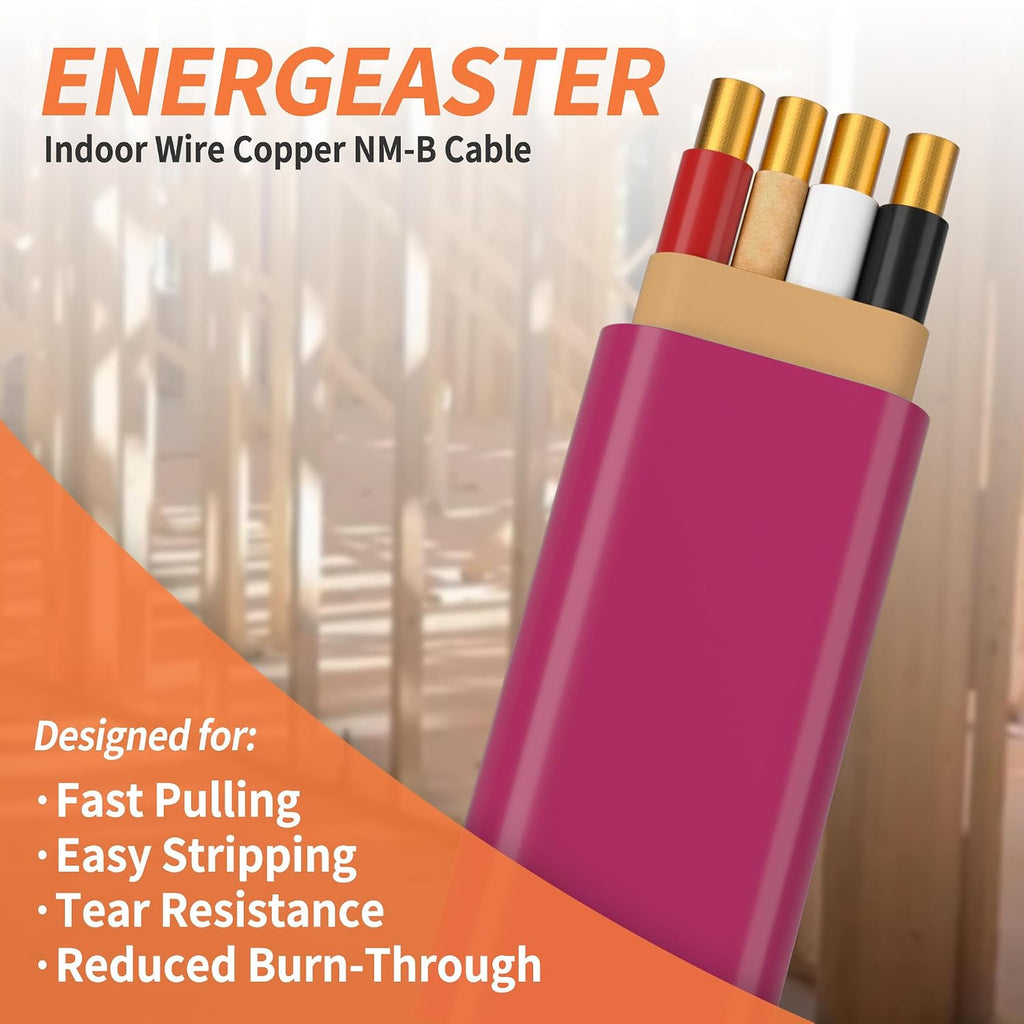 Energeaster Solid Indoor 10/3 NM-B Copper Cable with Ground 25FT, Pink
