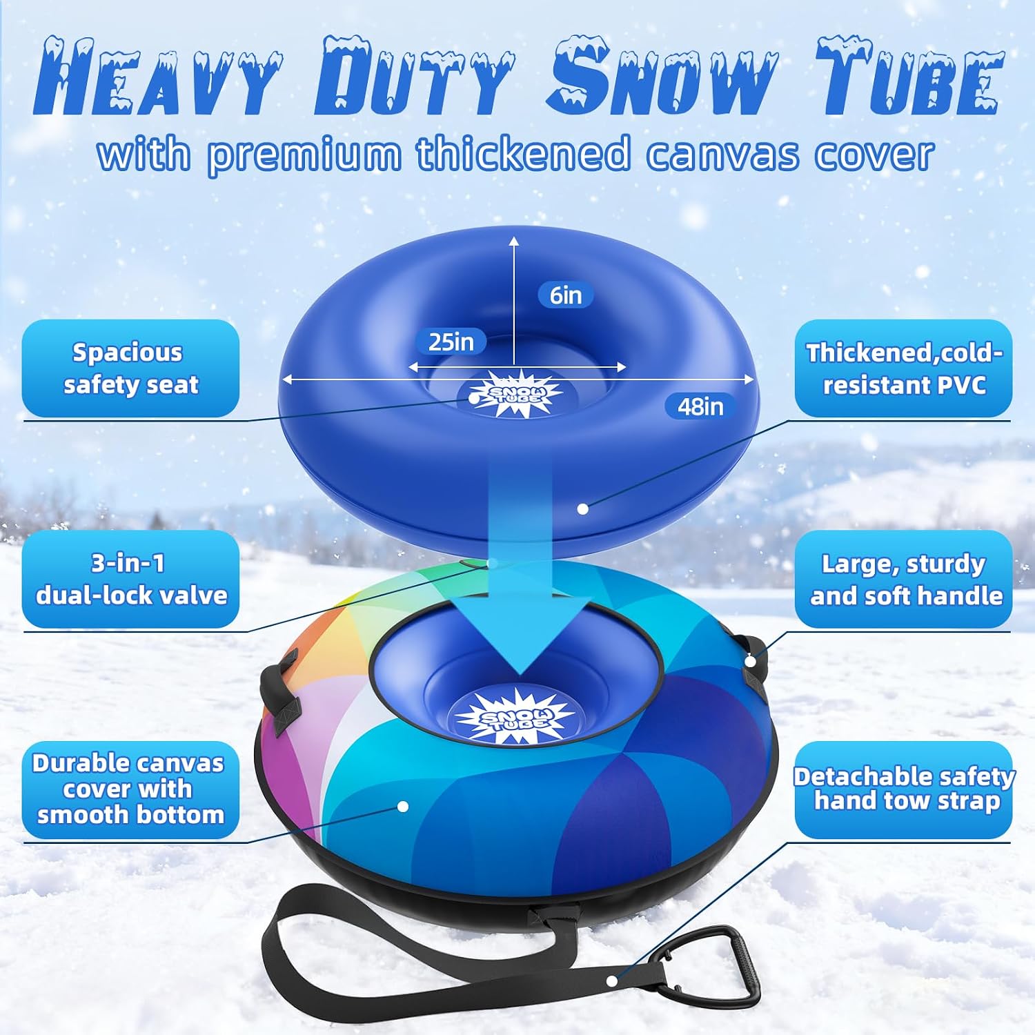 Snow Tube Sled, Snow Tubes for Sledding Heavy Duty with Premium Canvas Cover, 48" Inflatable Snow Sled for Kids and