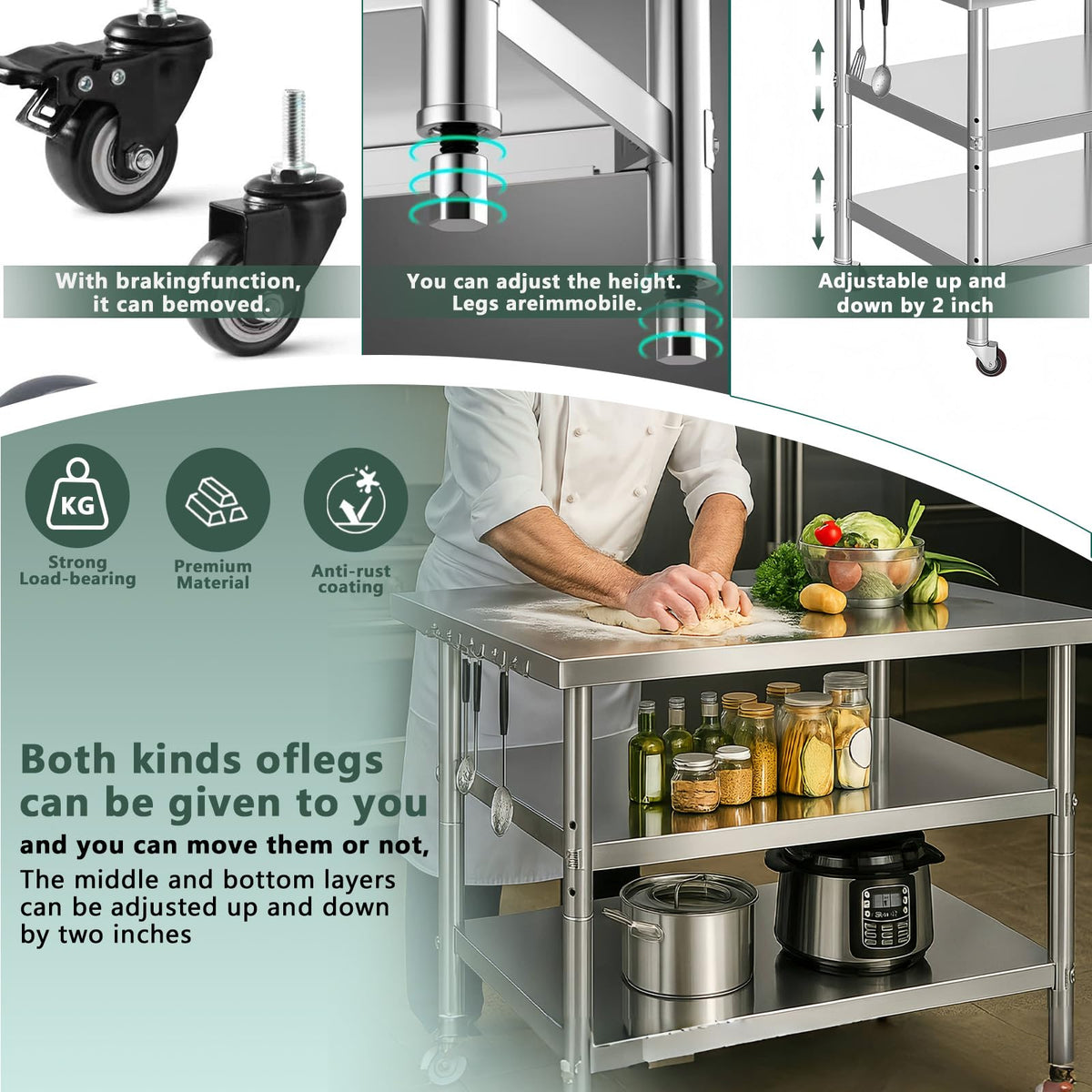 Stainless Steel Table with Wheels for Food Preparation and Work, Multi-Size Optional, Three-Layer Variable Two-Layer