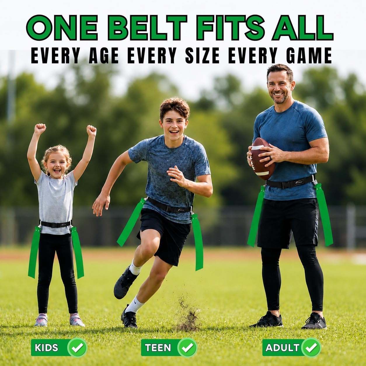 Adjustable Flag Football Belt Set, One Size Fits All | Pop-release flags for fast, fair calls; durable woven material
