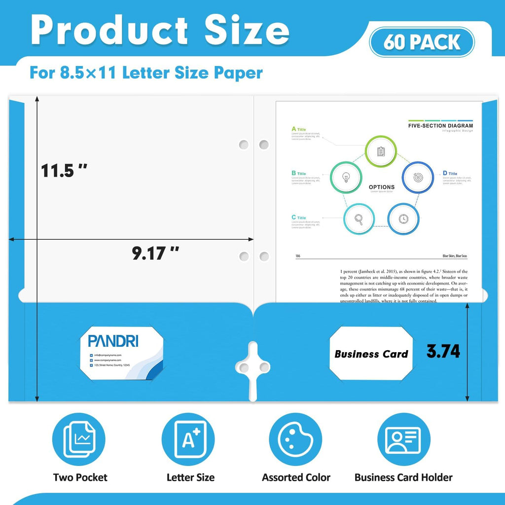 Two Pocket Portfolio Folders, PANDRI 60 Pack 3 Hole Punched 2 Pocket Folders for 3-Ring Binder, Letter Size Paper