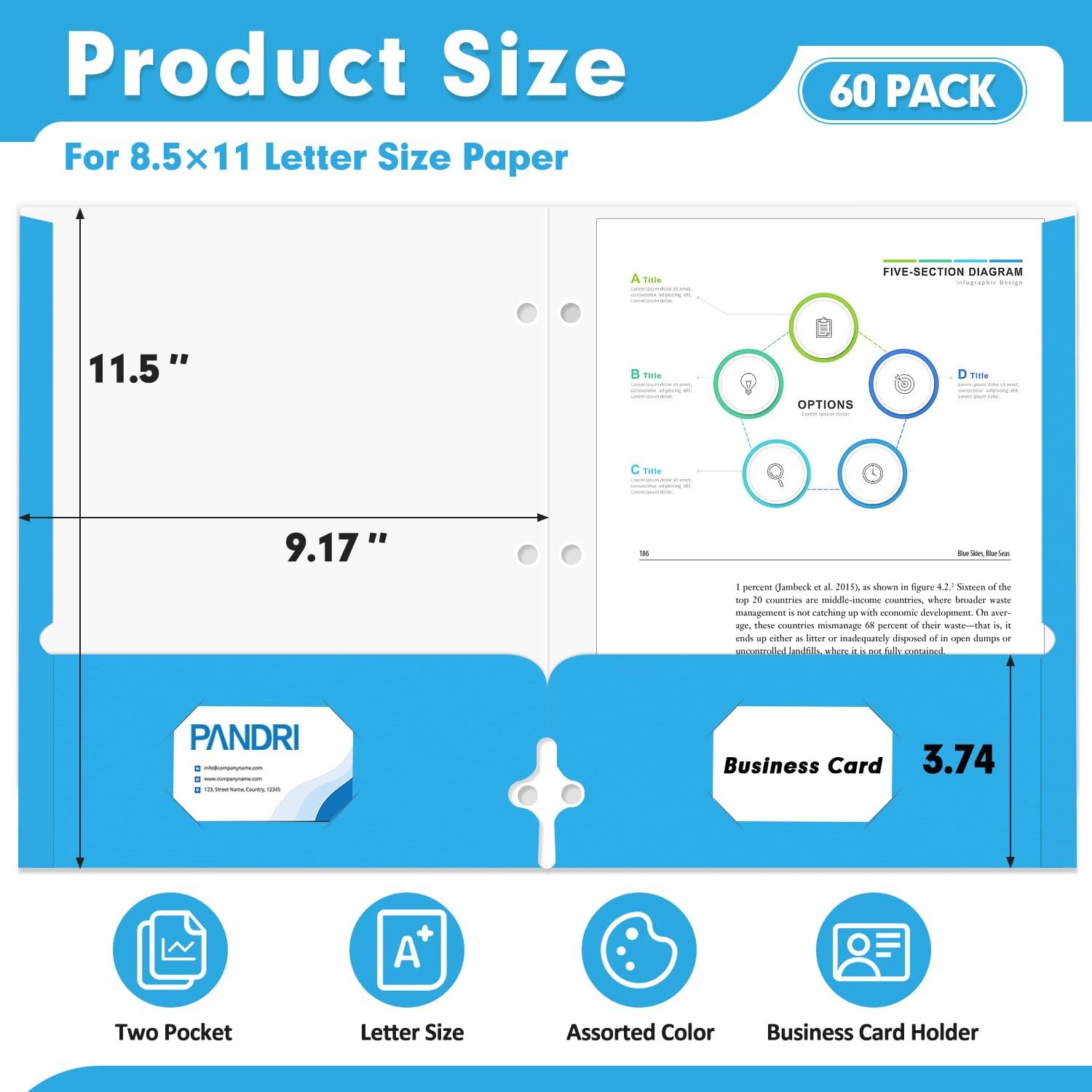 Two Pocket Portfolio Folders, PANDRI 60 Pack 3 Hole Punched 2 Pocket Folders for 3-Ring Binder, Letter Size Paper