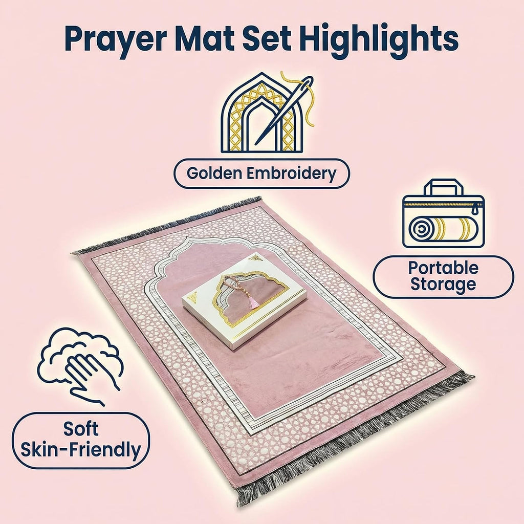 Ramadan & Eid Gift Set - Islamic Prayer Rug with Tasbih Beads, Premium Prayer Mat in Gift Bag or Box, Ideal for