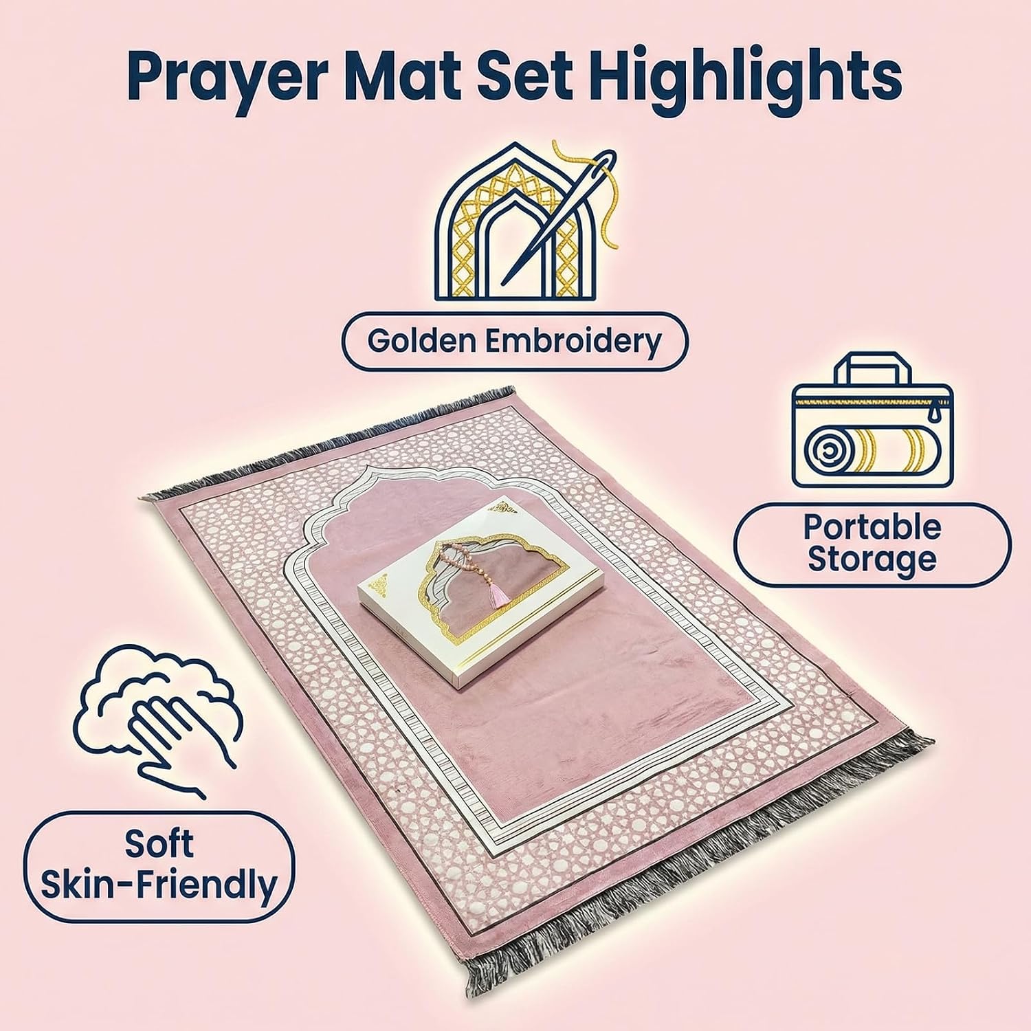 Ramadan & Eid Gift Set - Islamic Prayer Rug with Tasbih Beads, Premium Prayer Mat in Gift Bag or Box, Ideal for