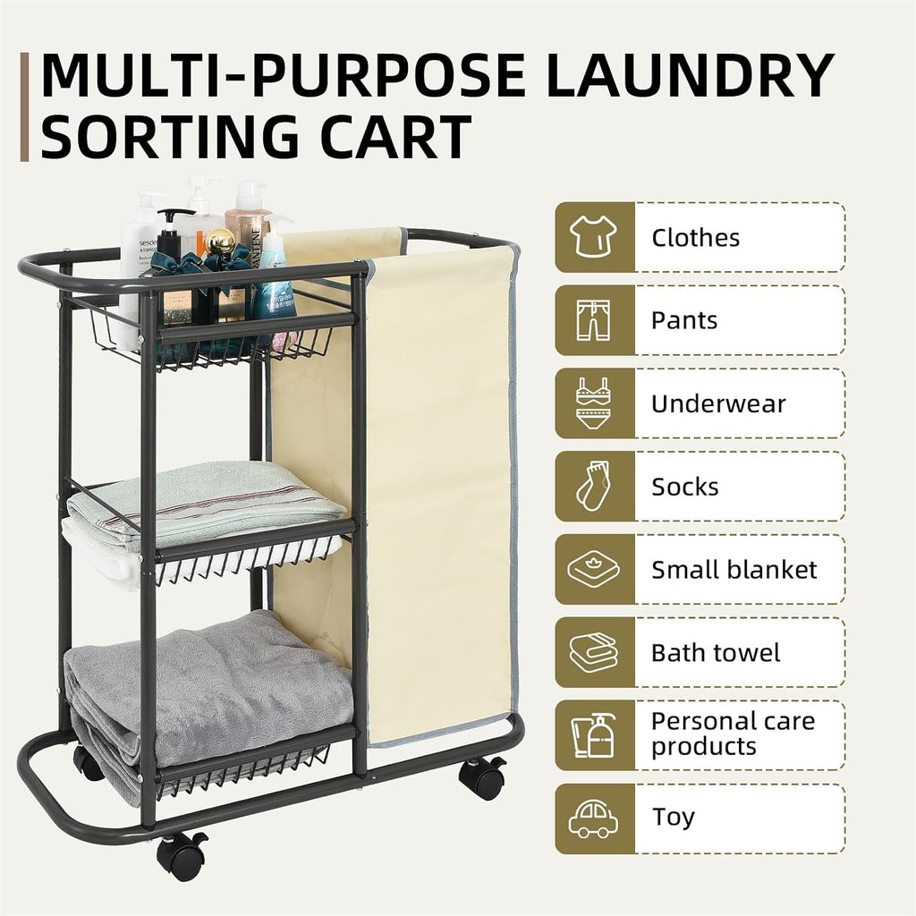 Rolling Laundry Basket with Wheels and Handle,3 Storage Baskets, 45 L Bag | Heavy Duty Laundry Cart, Space Saving