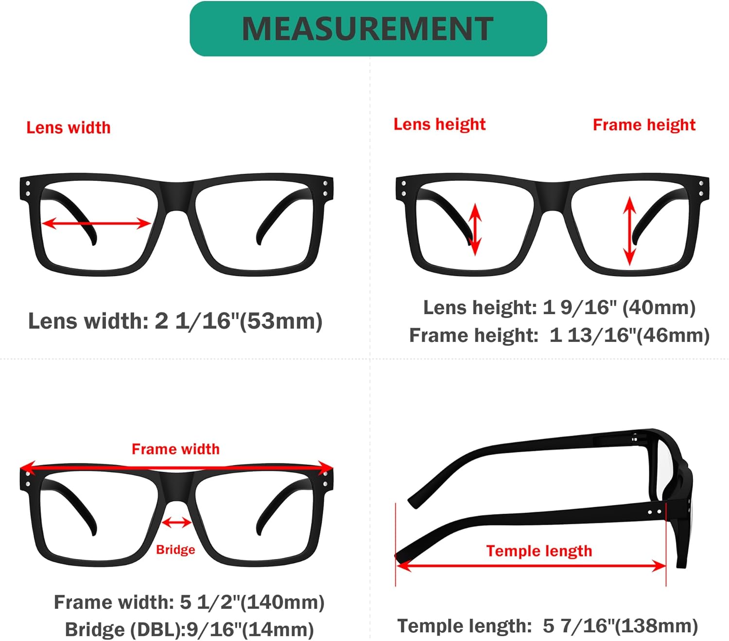 5-pack Oversized Reading Glasses Square Large Frame Readers for Men and Women - Black +2.00