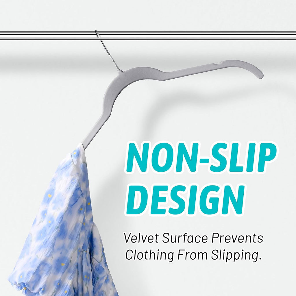 Velvet Hangers 50 Pack, Non-Slip Slim Felt Clothes Hangers Gray | Space-Saving Closet Organization; Flocked Surface;