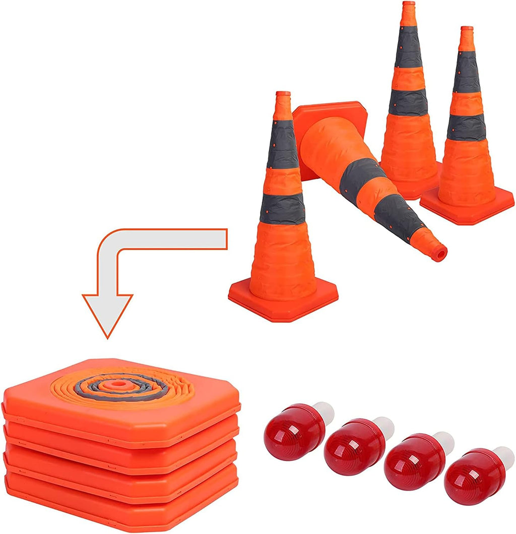 4 Pack 28 inch Collapsible Traffic Cones with LED Light Orange | Orange Collapsible Traffic Cones with Reflective