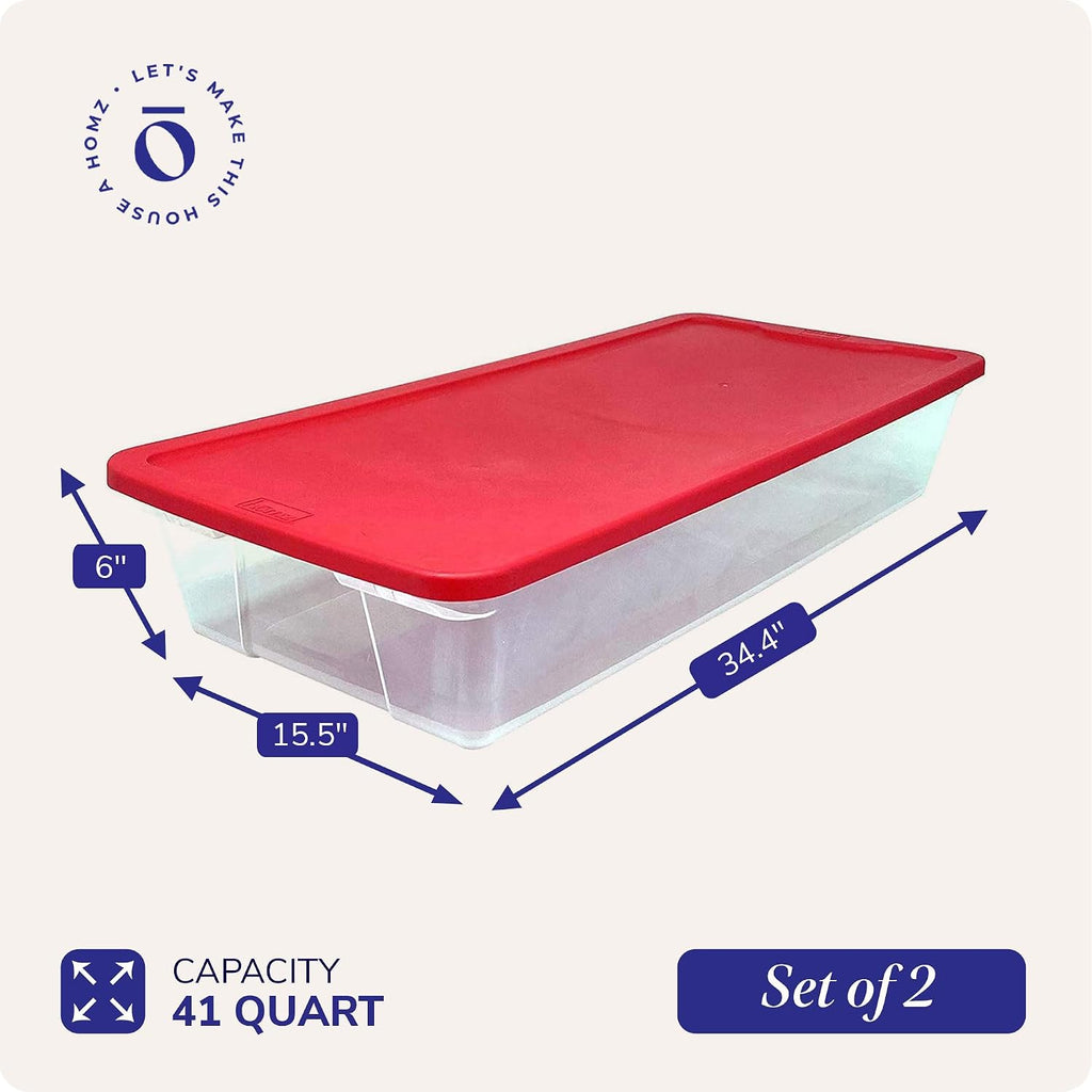 2-Pack Holiday Tote, Clear Plastic Storage Organizer Bins with Lids, 41 Quart, Red - Stackable Organizing Containers