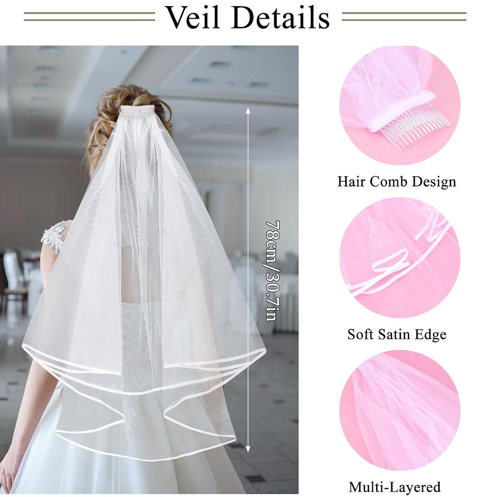Wedding Tiara and Veil Set for Bride, Silver Bridal Crown with White Wedding Veil, Bridal Hair Accessories for