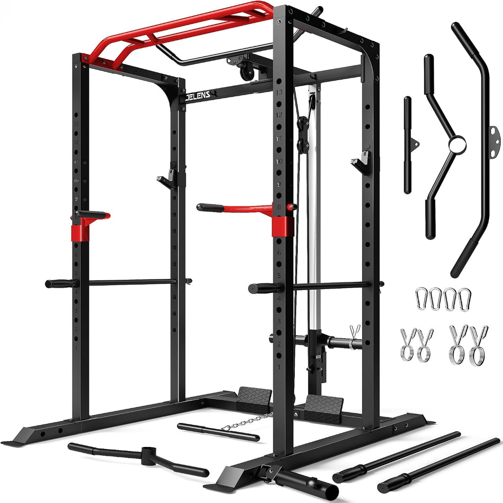 S11 Power Cage, 2000LB Multi-Function Power Rack with LAT Pulldown, Squat Rack with Adjustable Pulley System and