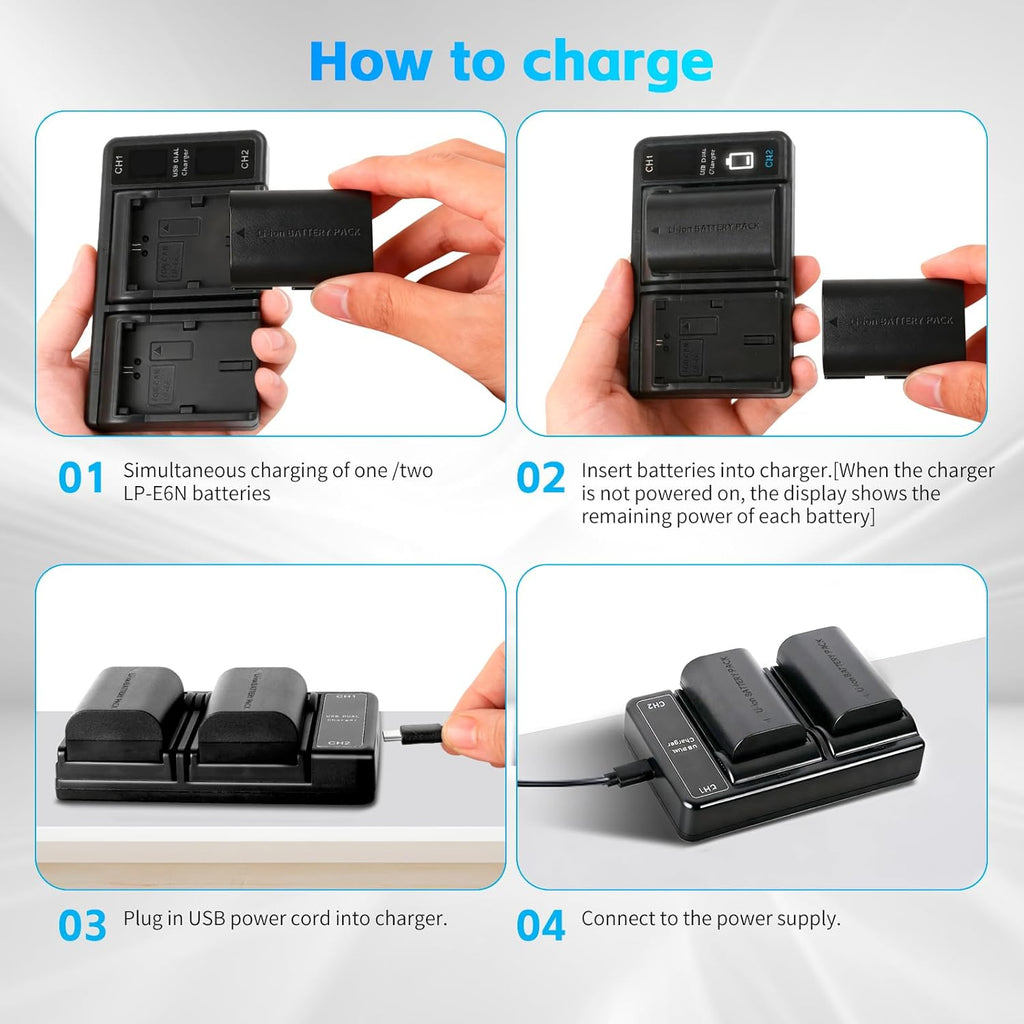 LP-E6 LP-E6N Battery(2-Pack) and Dual USB Charger | Compatible with Canon EOS 5D Mark II III IV, 5DS, 5DS R, 6D, 6D