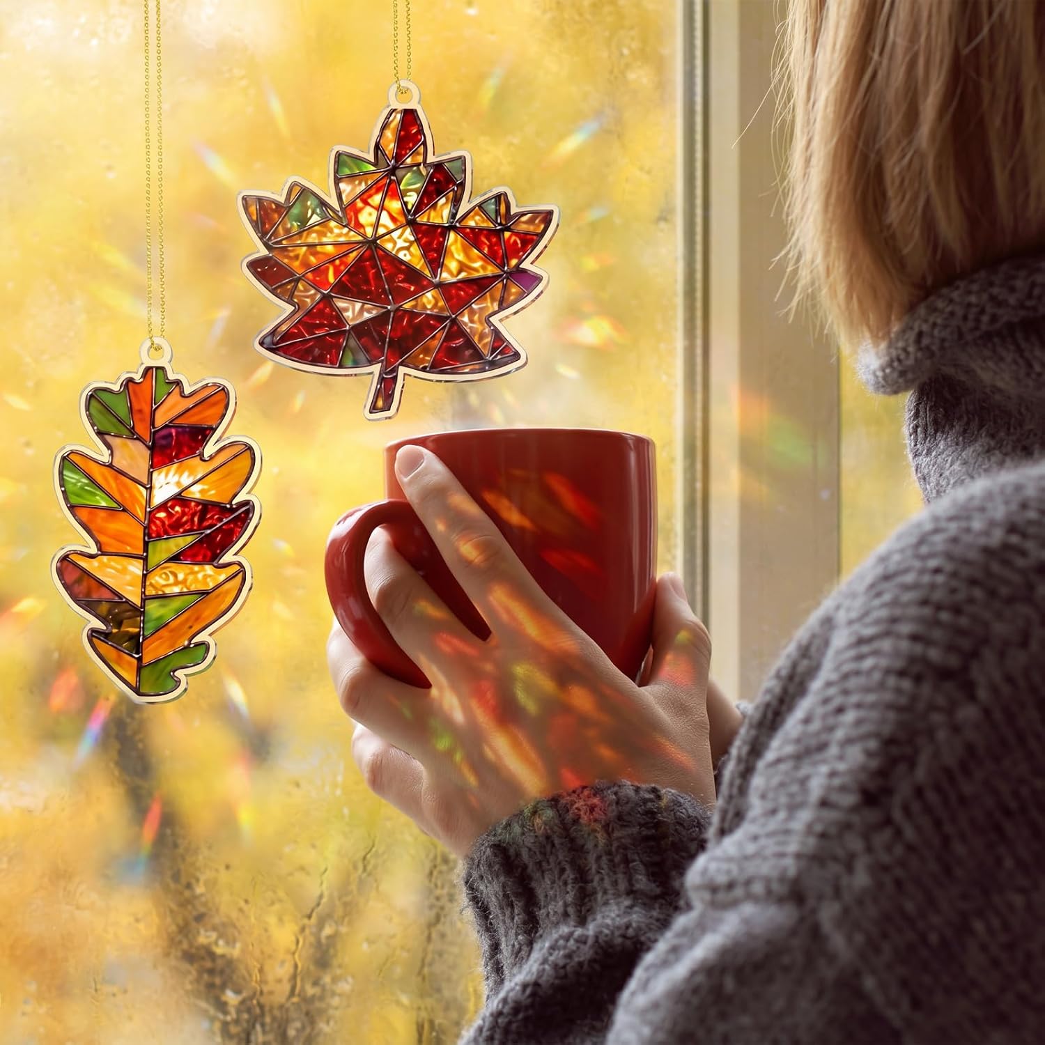 6 Pcs Fall Window Decor Acrylic Maple Leaf Suncatcher Tree Ornaments Stained Glass Style Waterproof Fall Decoration
