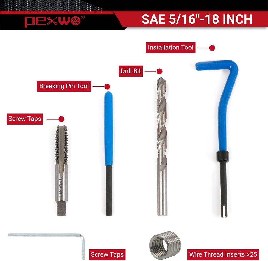 5/16-18 Helicoil Thread Repair Kit, Thread Repair Tool with HSS Drill Bit & Thread Inserts, SAE Thread Repair Installation Kit for Rethreading Internal Threads with Carry Case