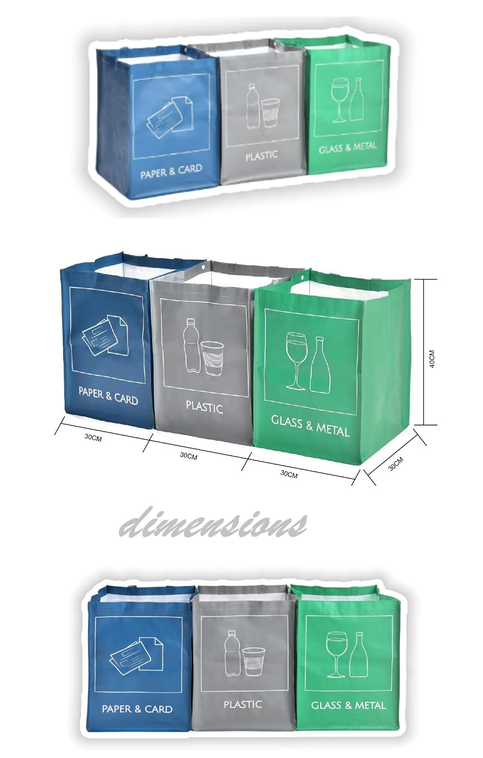 Reusable Recycle Bags, 3-Piece Separate Recycling Bin Set for Home, Kitchen, and Office - Waterproof Recyclable Waste