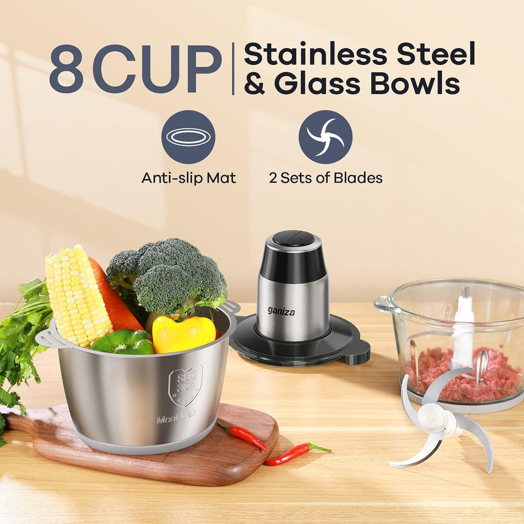 Food Processors with 2 Bowls, 450W Meat Grinder Vegetable Chopper | 2-Speed Electric Food Chopper with 8 Cup Glass &