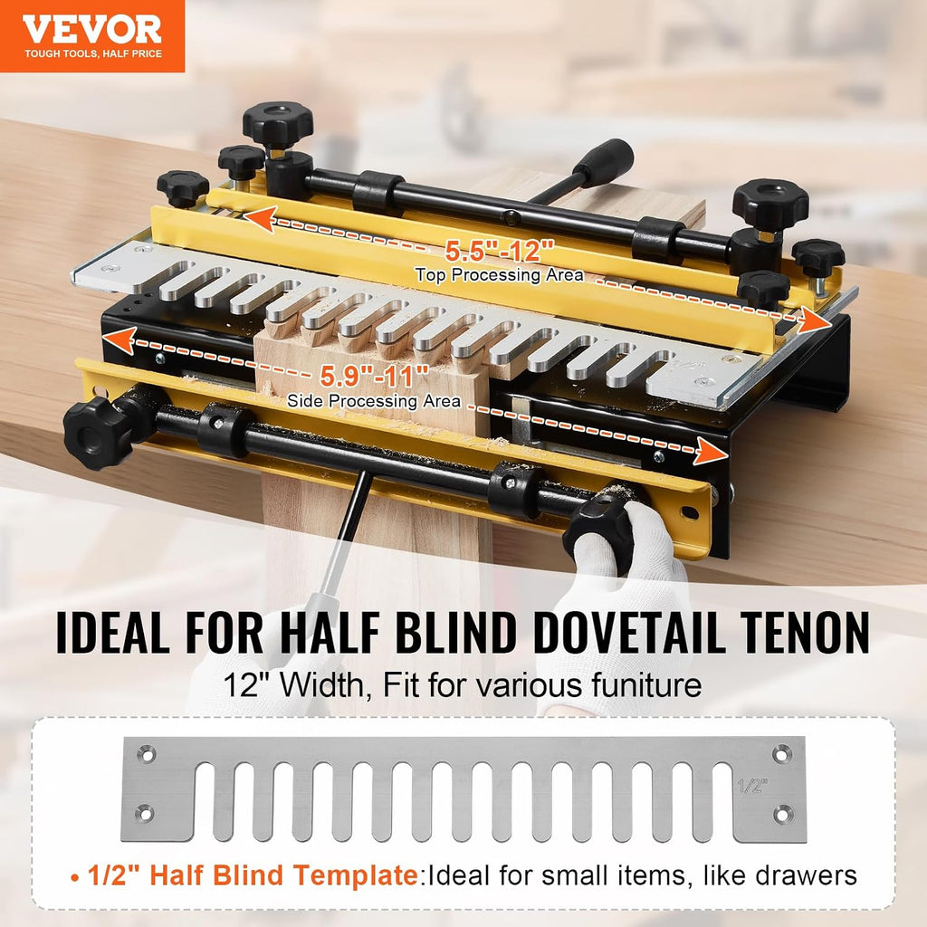 Dovetail Jig, 12 in Width, Dove Tailing Router Jigs with Router Bit & 1/2” Template, Precise Alignment Dove Tail Jig