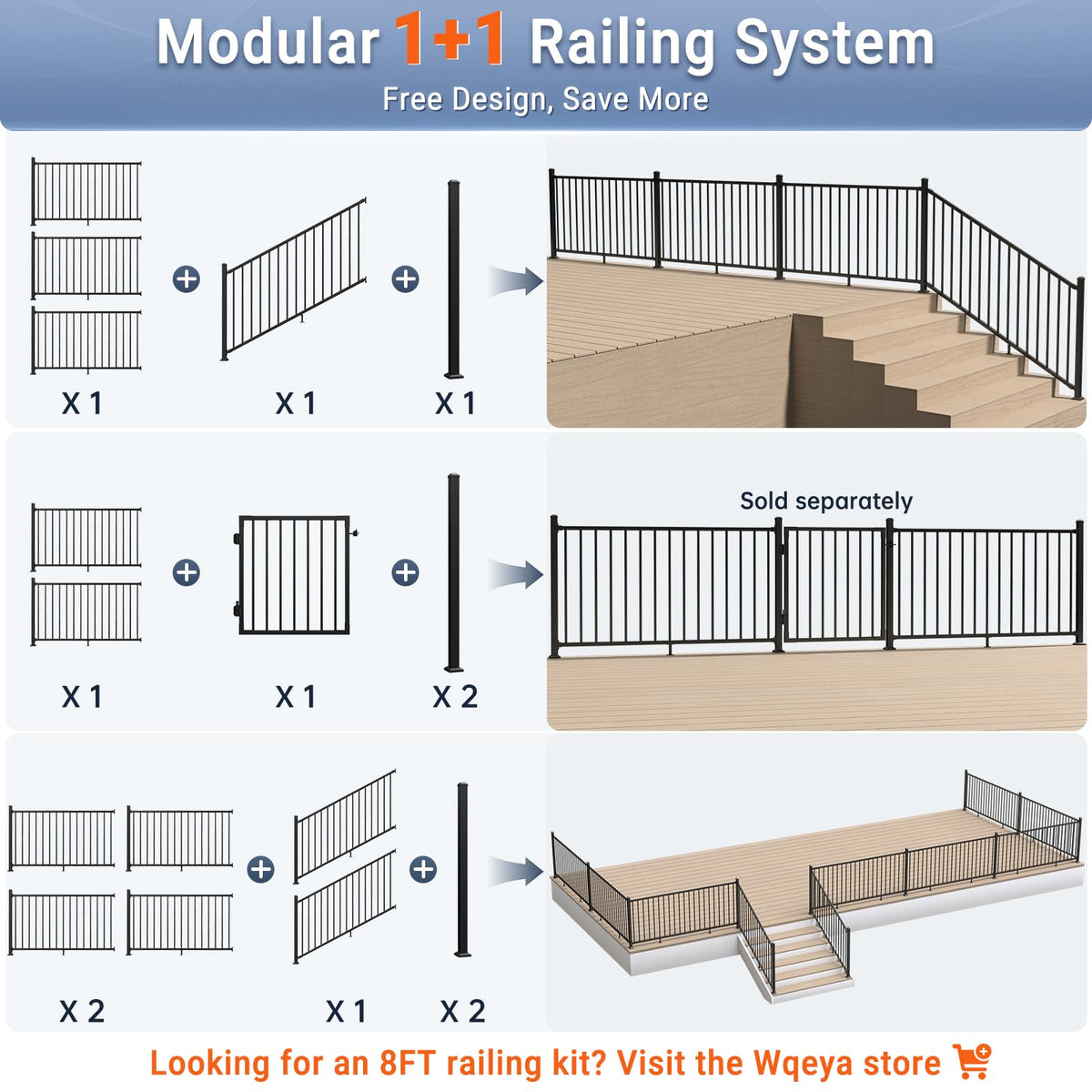 4-Pack 6ft.W x 42in.H Aluminum Deck Railing Kit,Modular Porch Railing