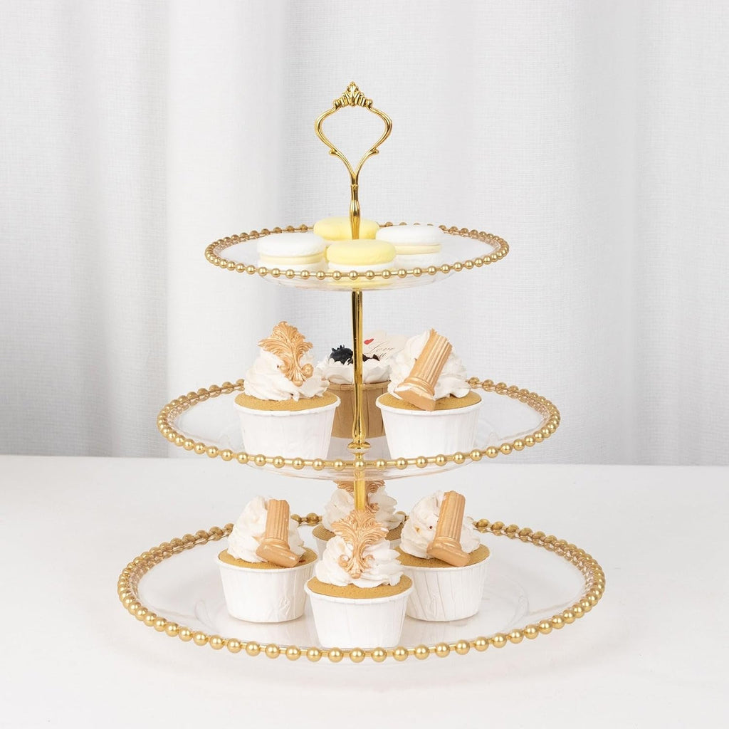 3-Tier Clear 14" Round Plastic Cupcake Tower Stand Gold Beaded Rim | Display Riser for Birthday Wedding Party Events