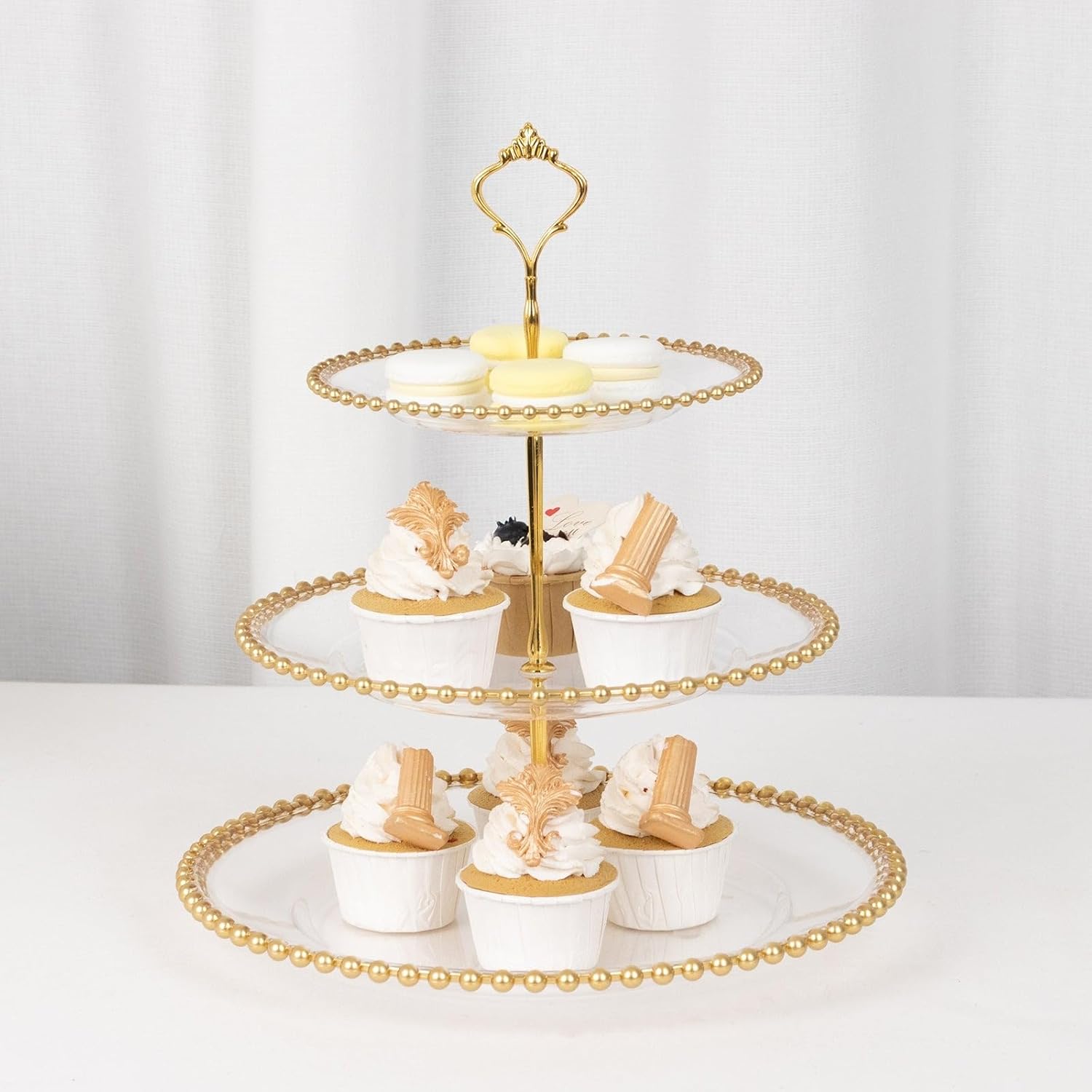 3-Tier Clear 14" Round Plastic Cupcake Tower Stand Gold Beaded Rim | Display Riser for Birthday Wedding Party Events
