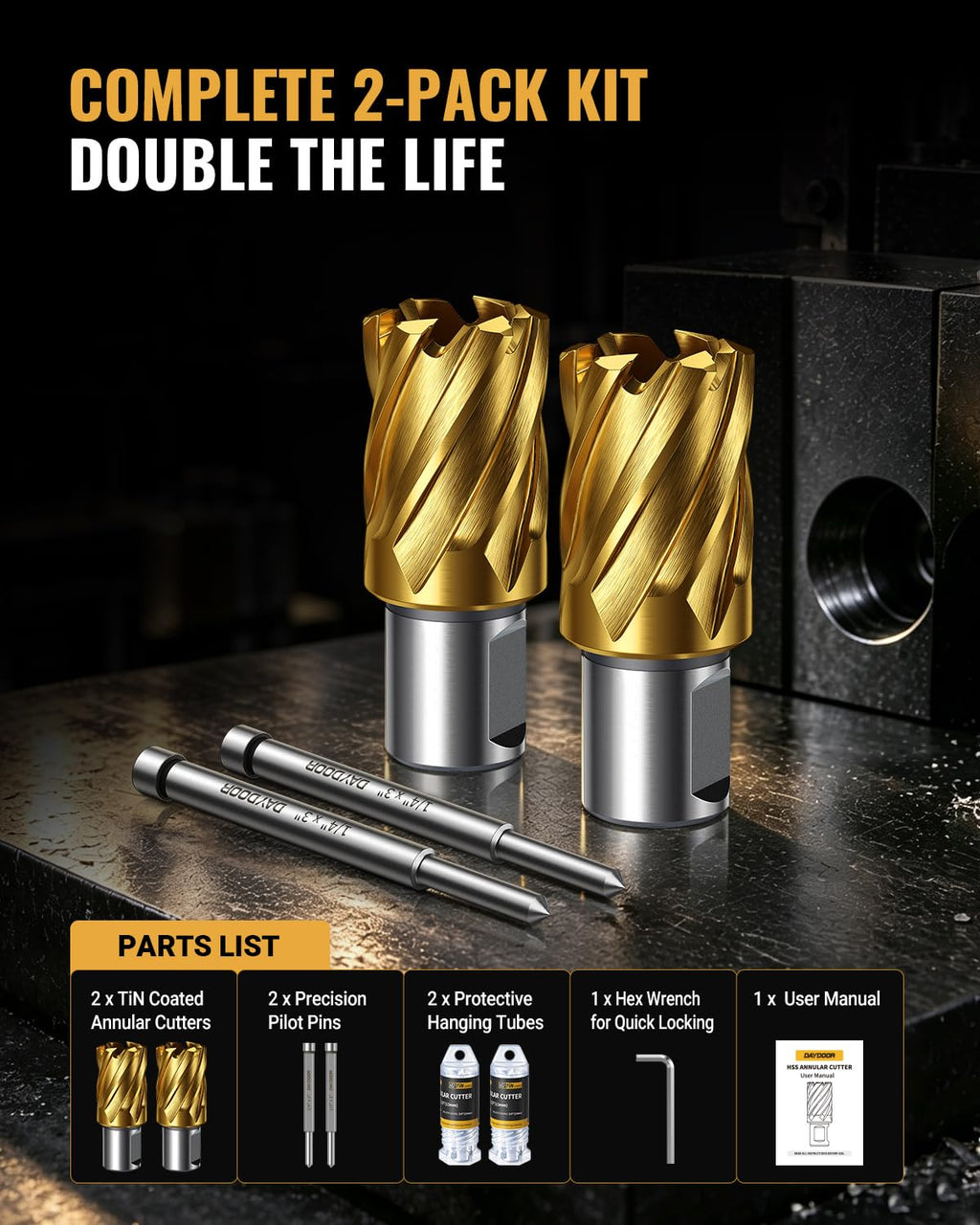 DAYDOOR 5/8" HSS Annular Cutter, TiN Coated, 1-3/16'' Cutting Depth, 2pcs