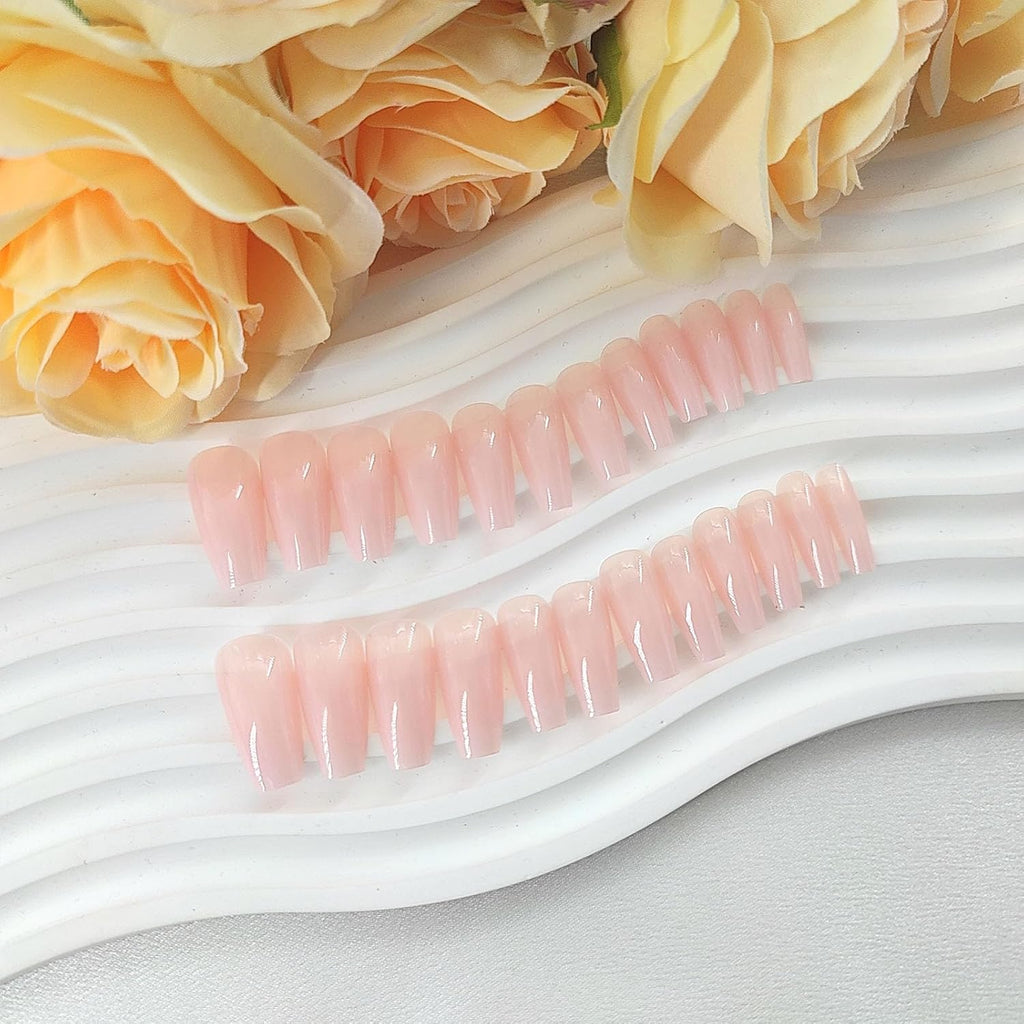 Coffin Press on Nails Medium White Gradient False Nails with Glossy Design Glue on Nails Light Pink Transparent Fake