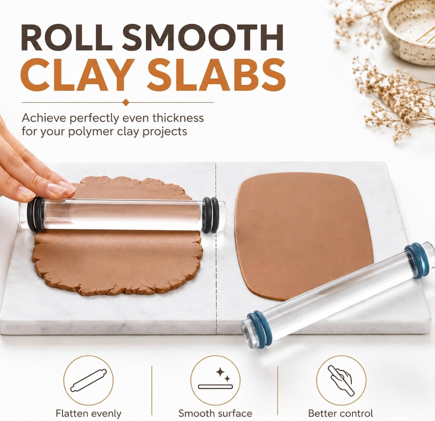 16pcs Polymer Clay Tools kit, Rolling Pin with Thickness Rings | Air Dry Clay Sculpting Supplies, Small Clear Craft