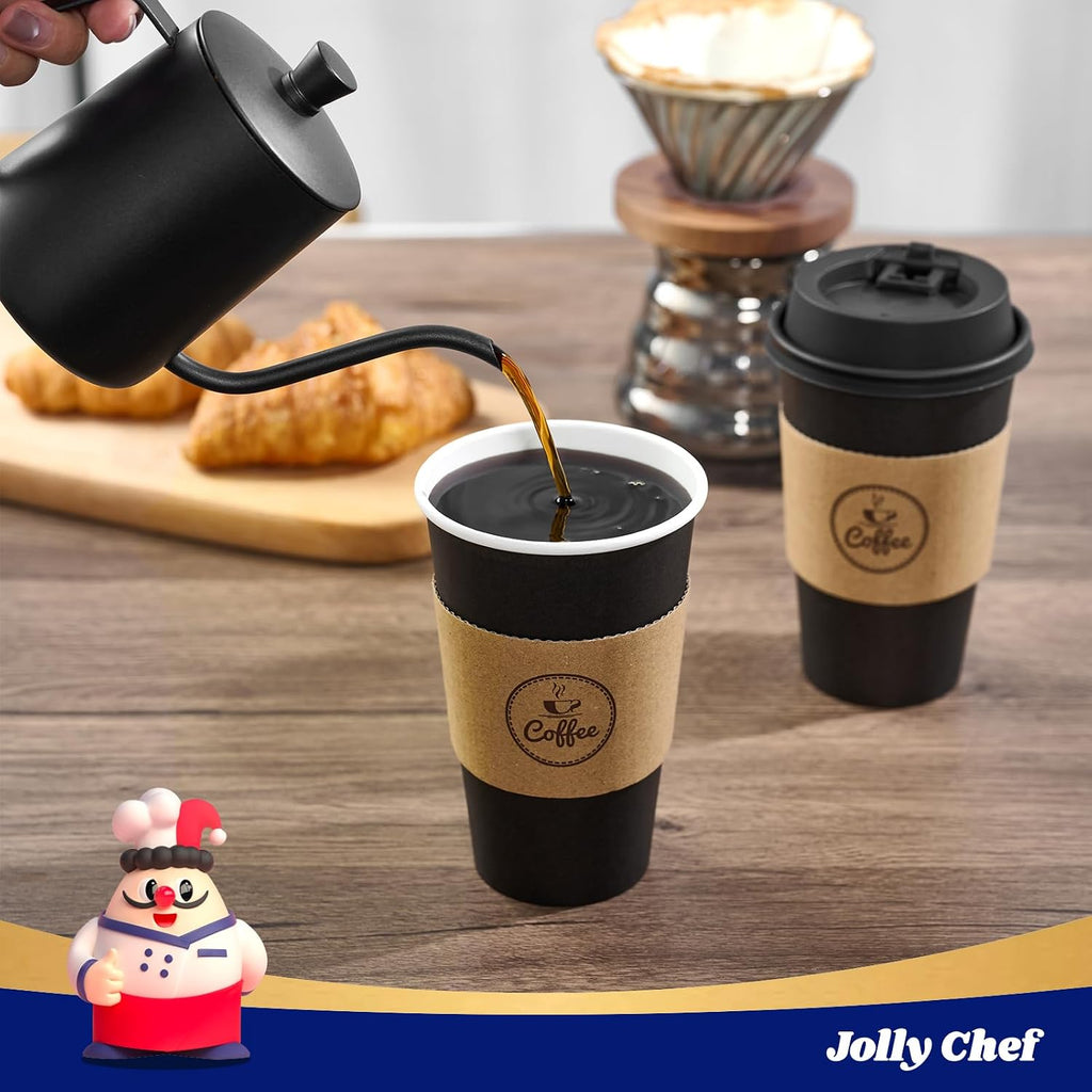 16 oz Black Coffee Cups with Lids, Sleeves & Stirrers 100 Pack