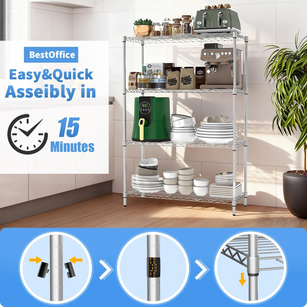 4-Tier Wire Storage Shelves | 36x14x54 | Chrome | with Adjustable Racks | Heavy-Duty Metal Shelf, Holds Upto 1000 lbs