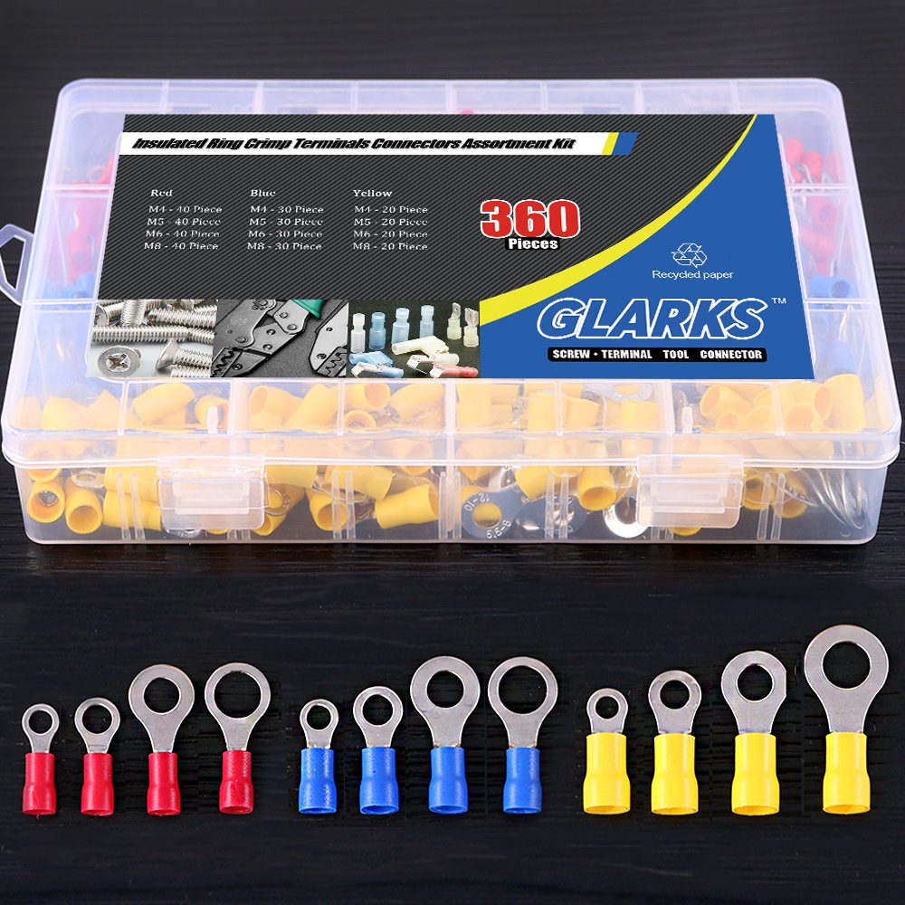 360pcs 22-16/16-14/12-10 Gauge Mixed Quick Disconnect Electrical Insulated M4 / 5/6 / 8 Ring Crimp Terminals