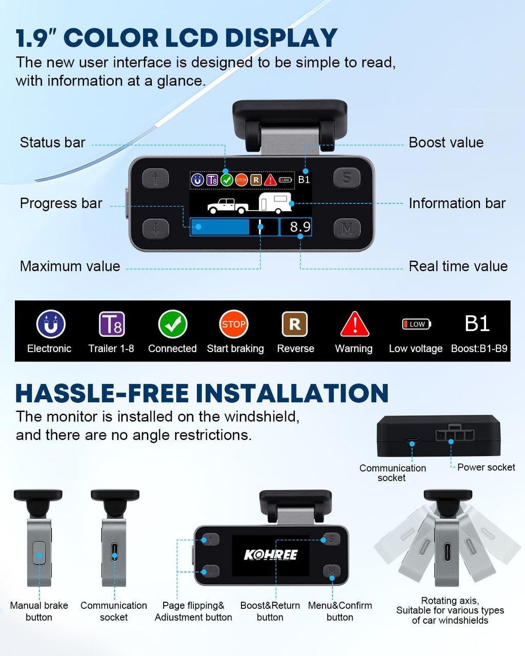 Upgraded Trailer Brake Controller Kit, Split Design, LCD Screen, Smart Chip, Proportional Braking, Electric Brake
