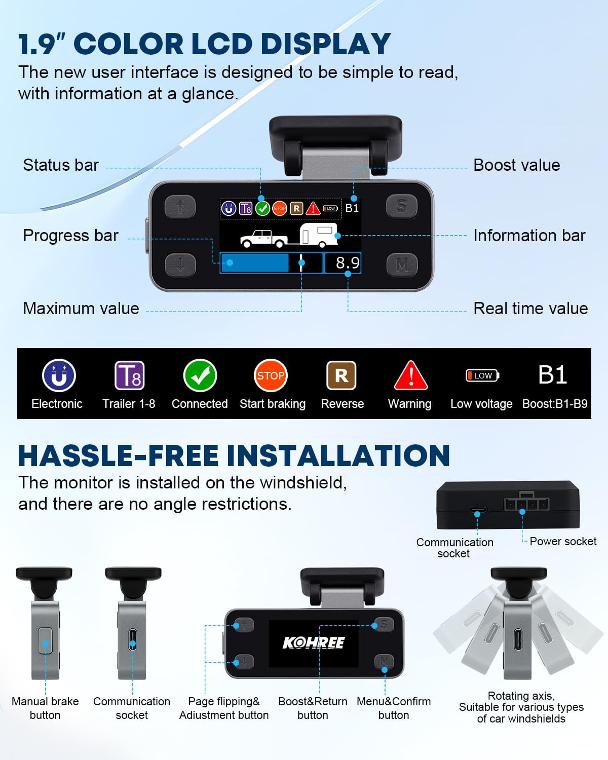 Upgraded Trailer Brake Controller Kit, Split Design, LCD Screen, Smart Chip, Proportional Braking, Electric Brake
