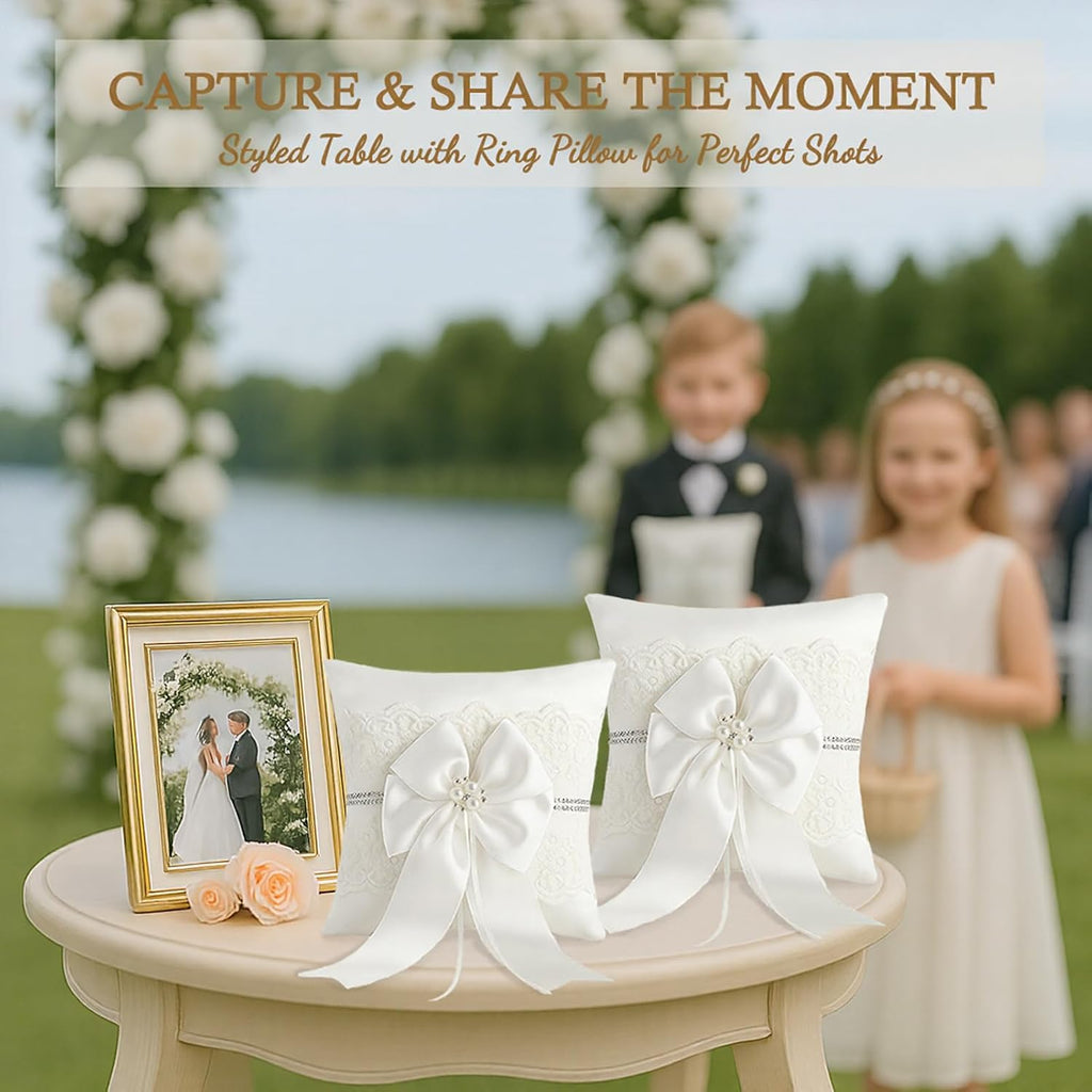 Wedding Ring Bearer Pillow: 8.2 x 8.2 Inch Ring Cushion with Lace & Pearl Bow – Ceremony Ring Holder for Flower Boy