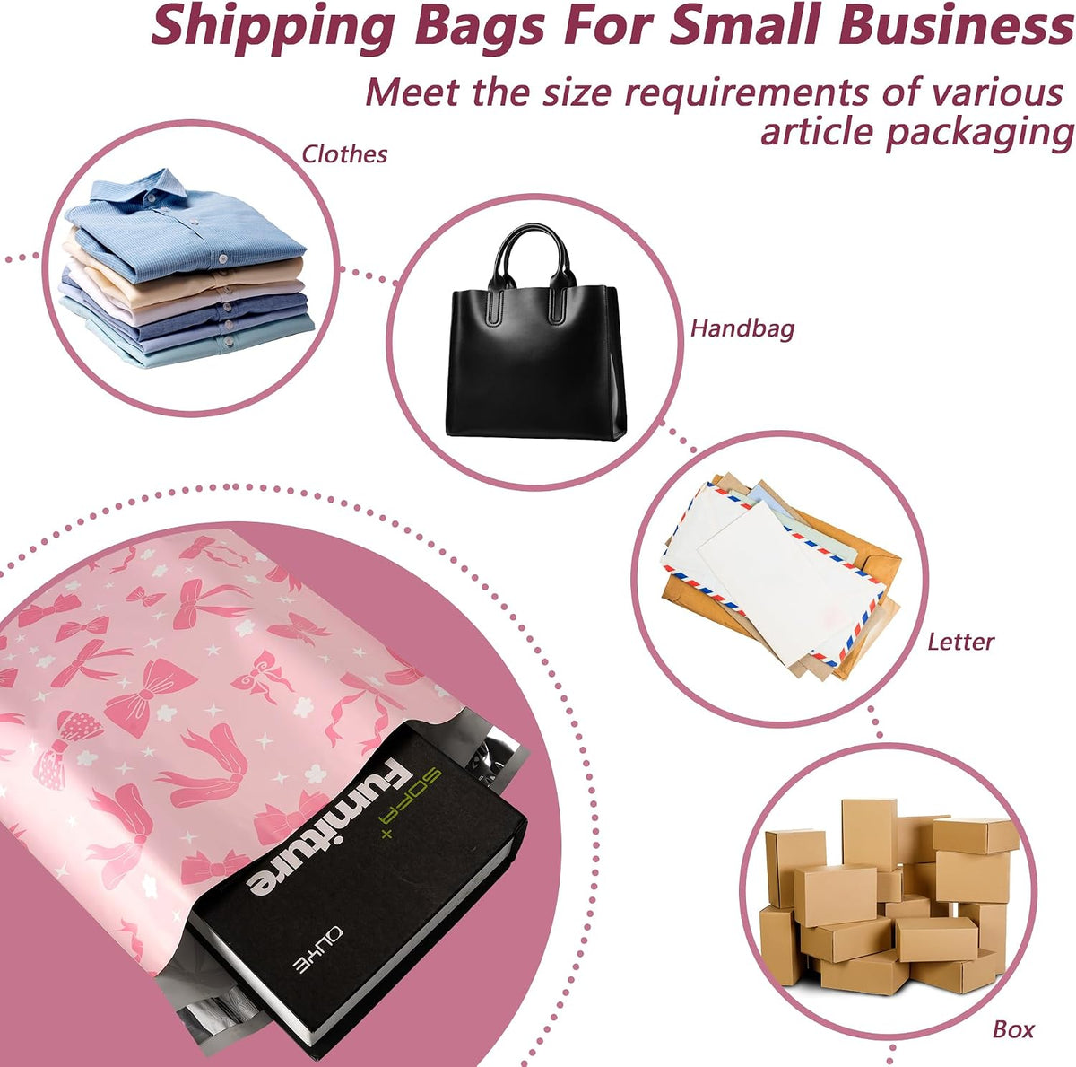 Poly Mailers 10x13 Inch, 100 Pack, Pink Bow Self-Seal Shipping Bags