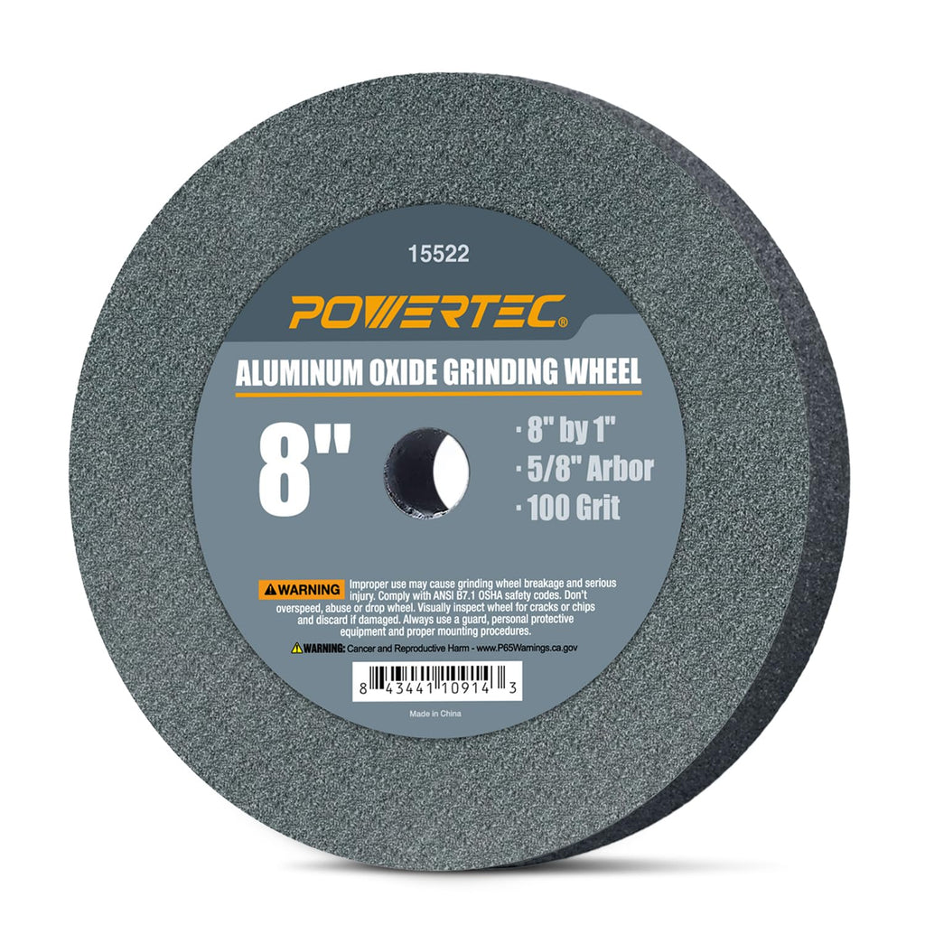 POWERTEC Bench Grinder Wheel, 8 Inch Grinding Wheel 100 Grit, Aluminum Oxide, 8 Bench Grinder Wheels for Pedestal & Benches, 1" Thick 5/8" Arbor, Sharpening Shaping Drill Bits, Knife, Stone - 15522V