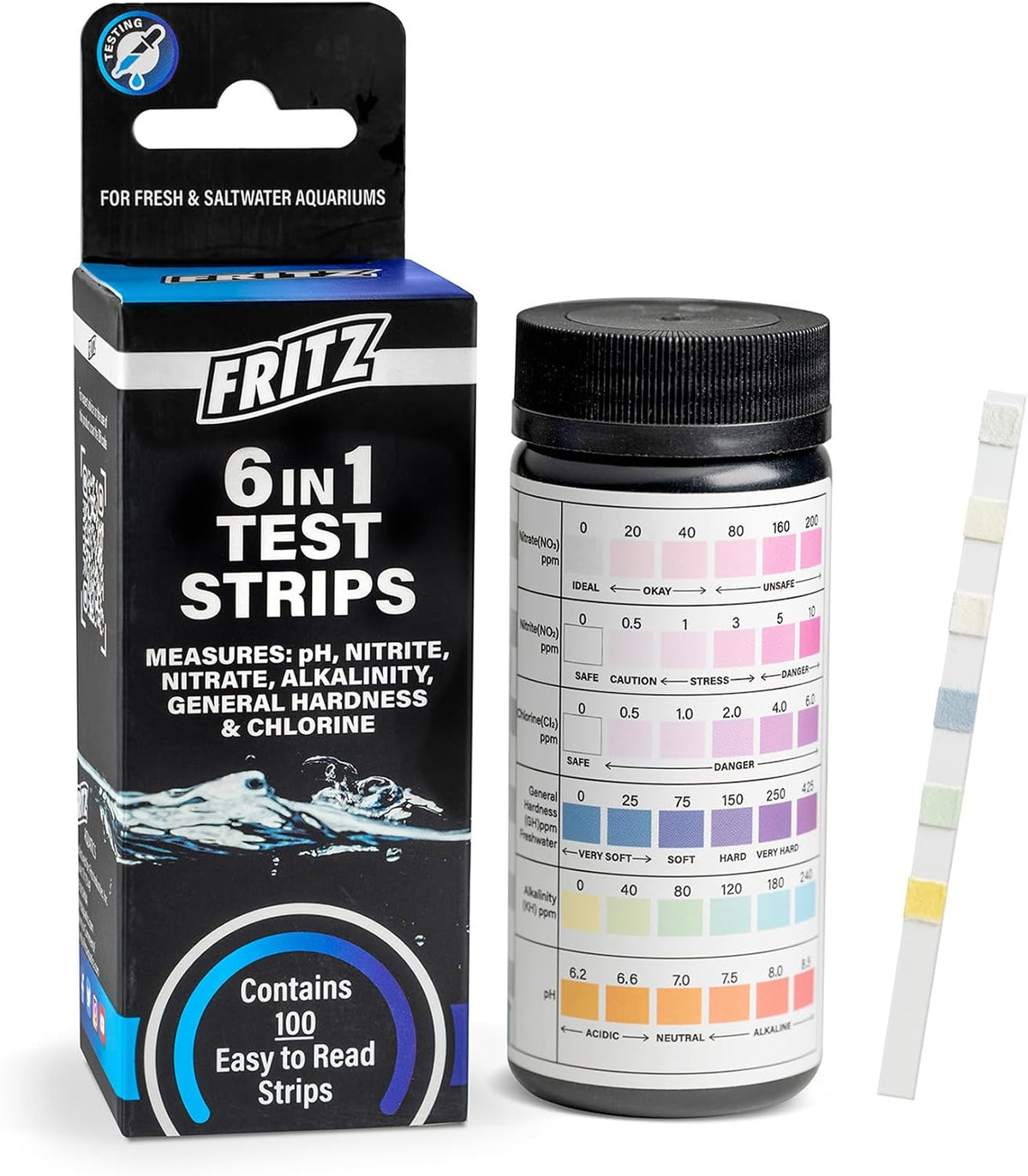 Fritz 6 in 1 Aquarium Test Strips - Monitor Nitrates, Nitrites, Water Hardness, Chlorine, Alkalinity and pH Level